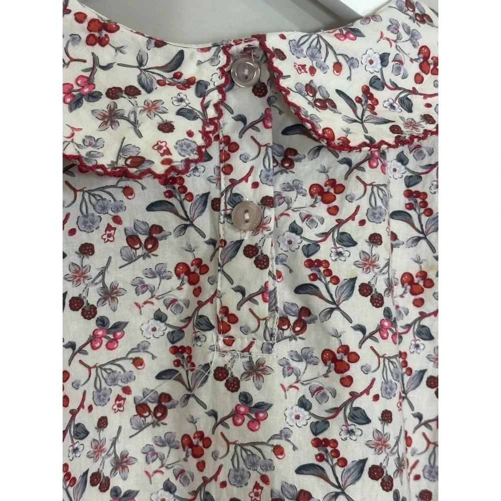 Girls Floral Berry Print Smocked Cotton Dress Peter Pan Collar Size 110 (5T)